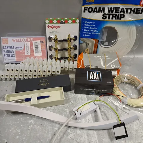 ASSORTED HOUSEHOLD ITEMS TO INCLUDE CABINET HANDLE SCREWS, FOAM WEATHER STRIP, GUITAR MACHINE HEADS, ETC 