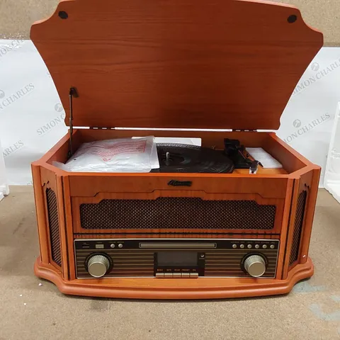 BRAND NEW BOXED SHUMAN VINTAGE 8-IN-1 WIRELESS MUSIC CENTRE WITH REMOTE CONTROL, DAB DIGITAL/FM RADIO, 3-SPEED TURNTABLE, CD/CASSETTE PLAYER, USB PLAYBACK/RECORDING, RCA LINE OUT, REAL WOOD (1 BOX)