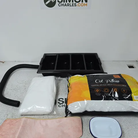 BOX OF APPROXIMATELY 15 ASSORTED ITEMS INCLUDING A BLACK TUBE, A BELLY BUTTON BAG AND THE NIGHT RANGE COT PILLOW