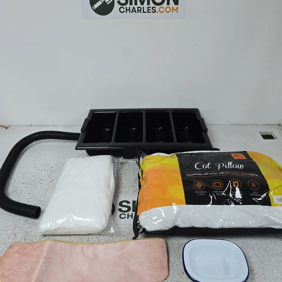 BOX OF APPROXIMATELY 15 ASSORTED ITEMS INCLUDING A BLACK TUBE, A BELLY BUTTON BAG AND THE NIGHT RANGE COT PILLOW