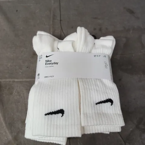 NIKE EVERYDAY CREW SOCKS, COTTON CUSHIONED – WHITE, PACK OF 6 (UK 8–11