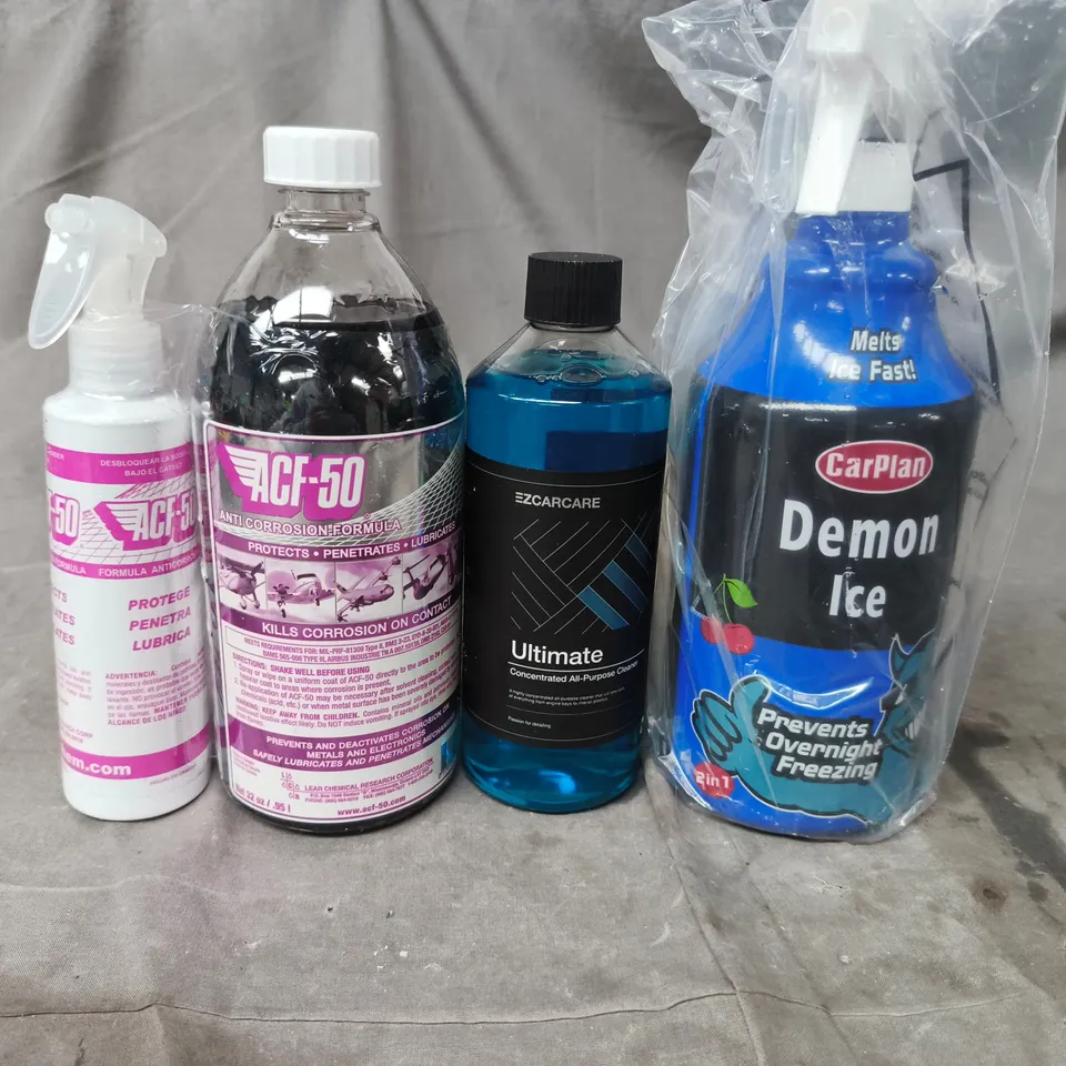 APPROX 3 ASSORTED CAR ITEMS TO INCLUDE -  2 X ACF-50 ANTI-CORROSION, EZCARCARE ULTIMATE ALL-PURPOSE CLEANER, CARPLAN DEMON ICE WINDSHIELD FLUID