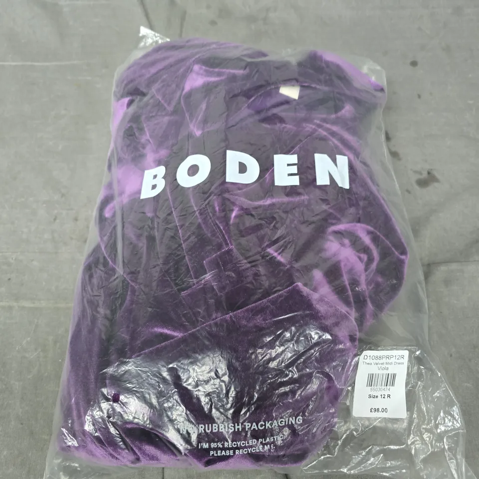 BODEN THEA VELVET MIDI DRESS – VIOLA – SIZE 12 R