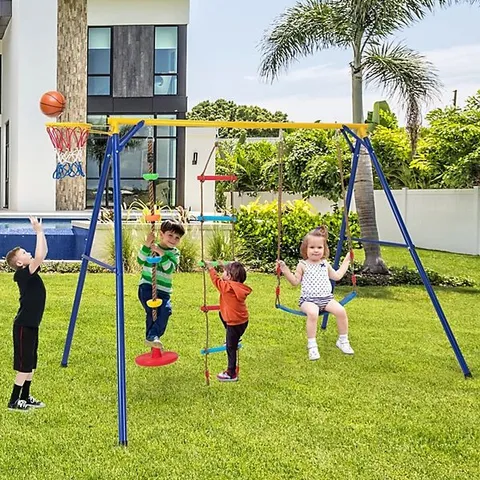 BOXED COSTWAY 4-IN-1 TODDLER CLIMBER AND SWING SET WITH REMOVABLE BASKETBALL HOOP, LONG SLIDE, EASY CLIMB LADDER, CHILDREN PLAY AREA FOR OUTDOOR AND INDOOR - GREY