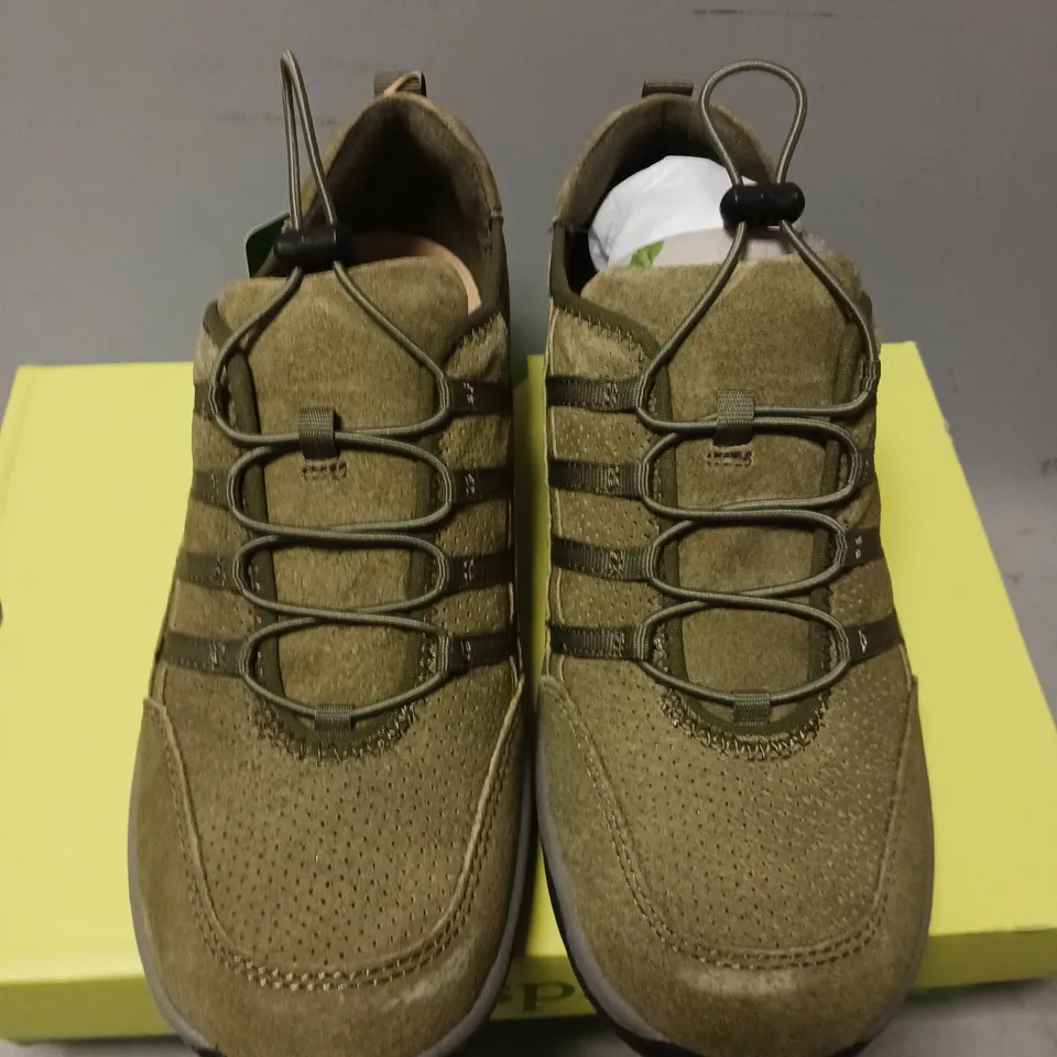 BOXED PAIR OF FREE SPIRIT SUEDE LACE TRAINERS, OLIVE - UK SIZE 7