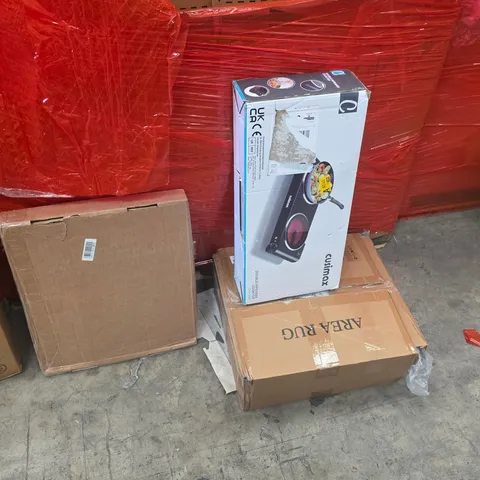 PALLET OF ASSORTED HOUSEHOLD GOODS AND PRODUCTS TO INCLUDE;INFARED COOKTOP,AREA RUG,PICTURE FRAME