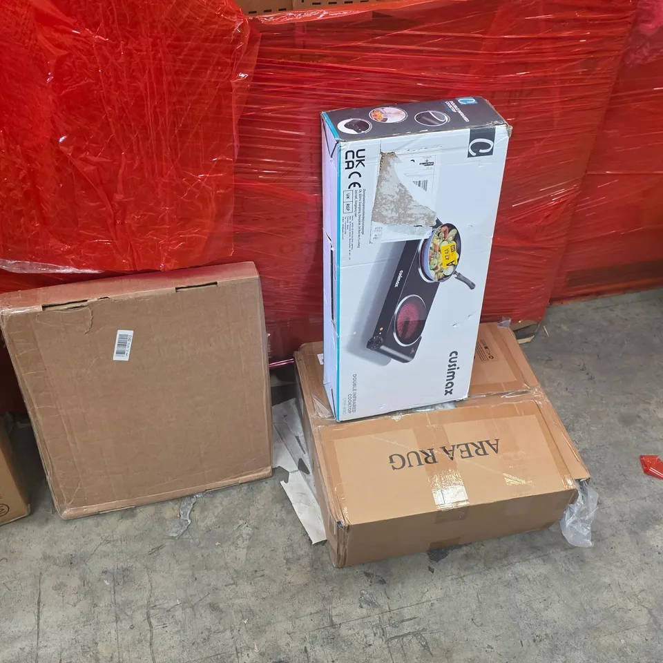 PALLET OF ASSORTED HOUSEHOLD GOODS AND PRODUCTS TO INCLUDE;INFARED COOKTOP,AREA RUG,PICTURE FRAME