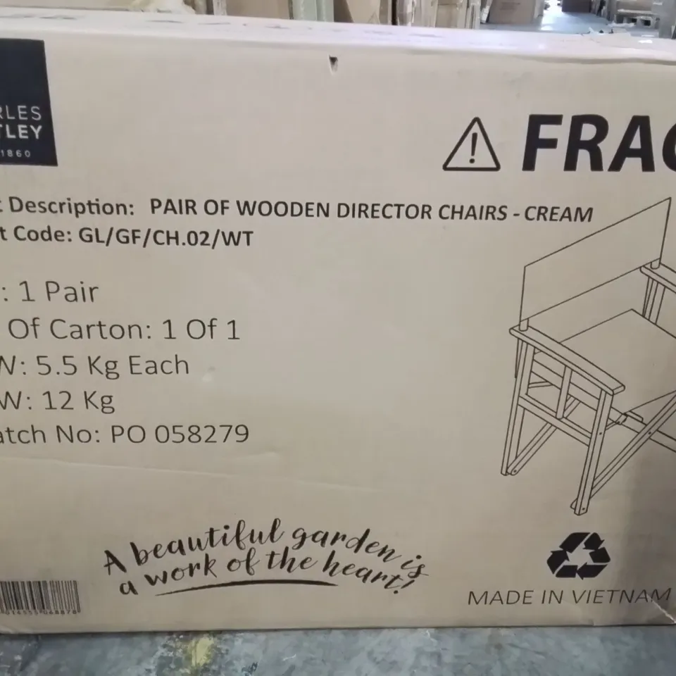 BOXED PAIR OF WOODEN DIRECTOR CHAIRS -CREAM-