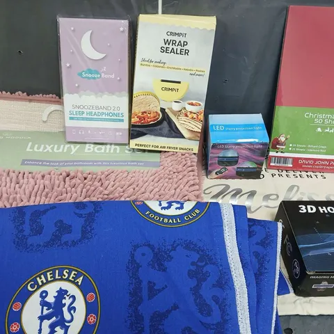 LARGE BOX OF APPROXIMATELY 12 ASSORTED ITEMS TO INCLUDE - CHELSEA FOOTBALL CLUB FABRIC - CRIMPIT WRAP SEALER - SNOODBAND 2.0 SLEEP HEADPHONES - ETC