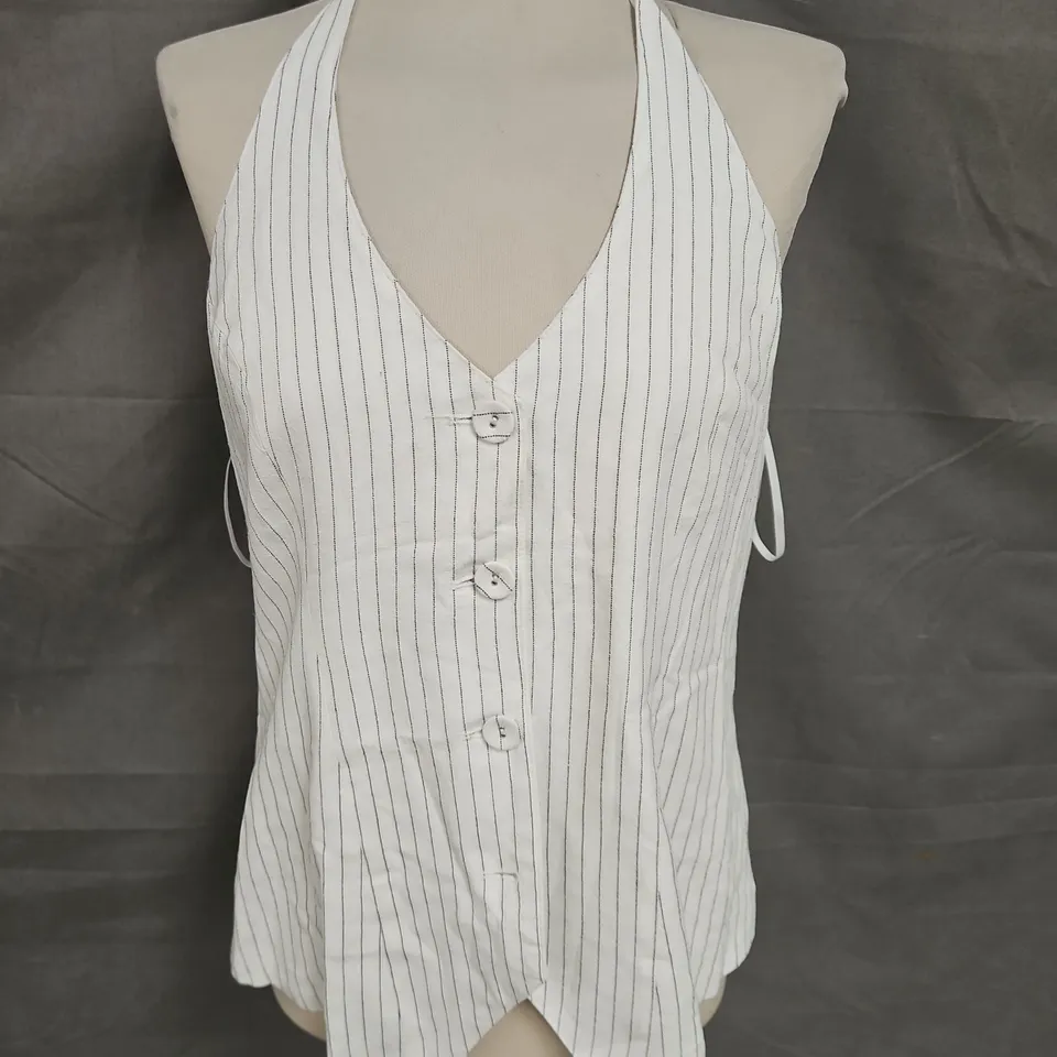 4TH + RECKLESS TALL TAILORED HALTERNECK BUTTON UP TOP IN WHITE PINSTRIPE SIZE 12