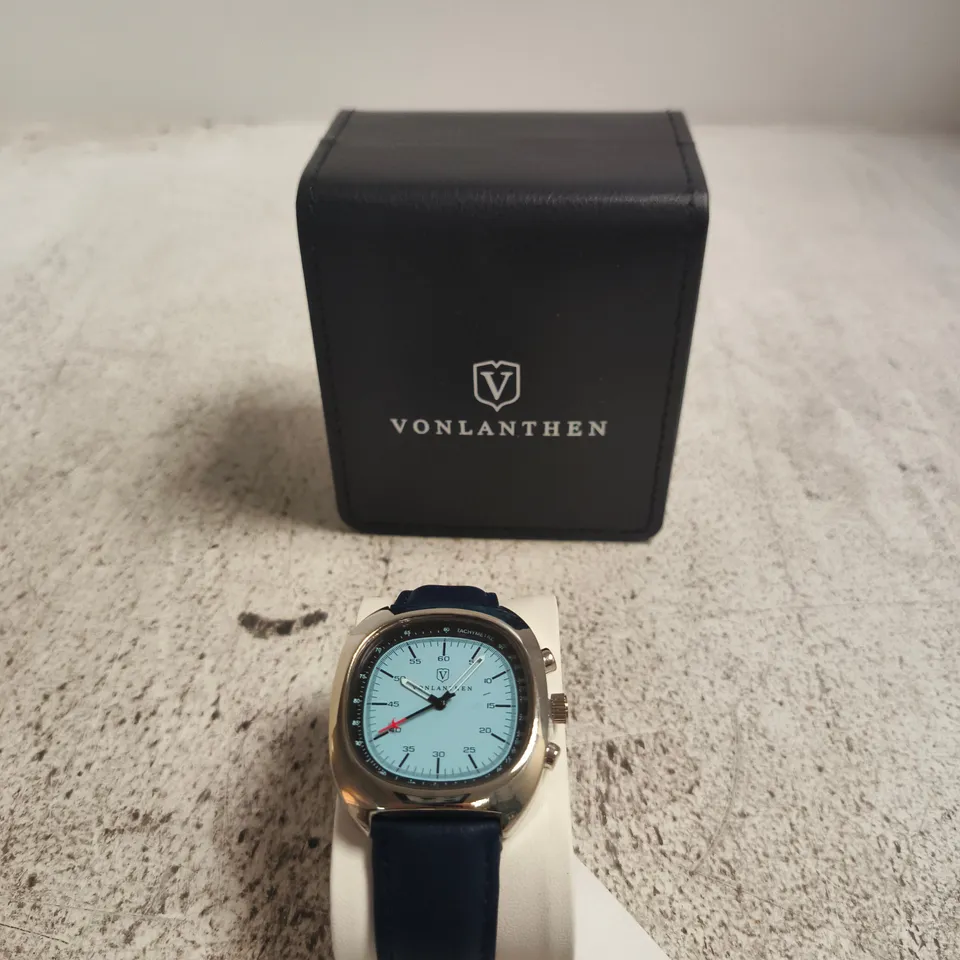 VONLANTHEN WRISTWATCH – TURQUOISE DIAL, BLUE LEATHER STRAP, BOXED