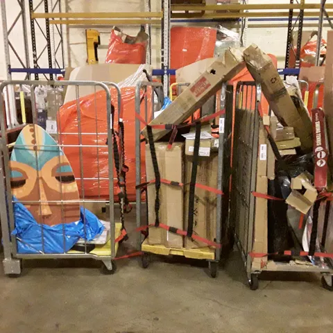 3 X CAGES CONTAINING ASSORTED HOUSEHOLD PRODUCTS INCLUDING DECOR ITEMS, BED RAIL GUARD, BOXED FURNITURE ETC (CAGES NOT INCLUDED)