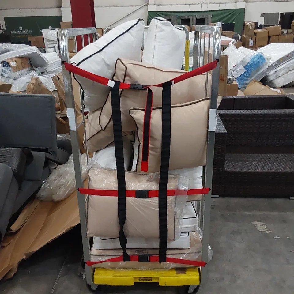 CAGE FILLED WITH ASSORTED GARDEN/PATIO FURNITURE CUSHIONS (CAGE NOT INCLUDED)