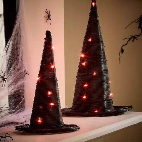 BOXED SET OF 2 RATTAN WITCH HATS WITH ORANGE LEDS HALLOWEEN DECORATIONS