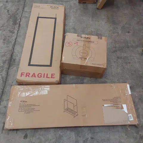 PALLET OF ASSORTED HOUSEHOLD ITEMS AND CONSUMER PRODUCTS TO INCLUDE; STORAGE UNIT, DRESS MIRROR, VACUUM CLEANER ETC