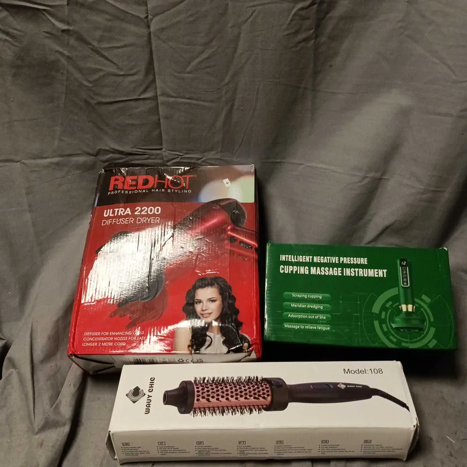 APPROXIMATELY 12 ASSORTED HOUSEHOLD ITEMS TO INCLUDE RED HOT ULTRA 2000 DIFFUSER HAIR DRYER, CUPPING  MASSAGE INSTRUMENT, WAVY CHIC HAIR STYLING COMB ETC