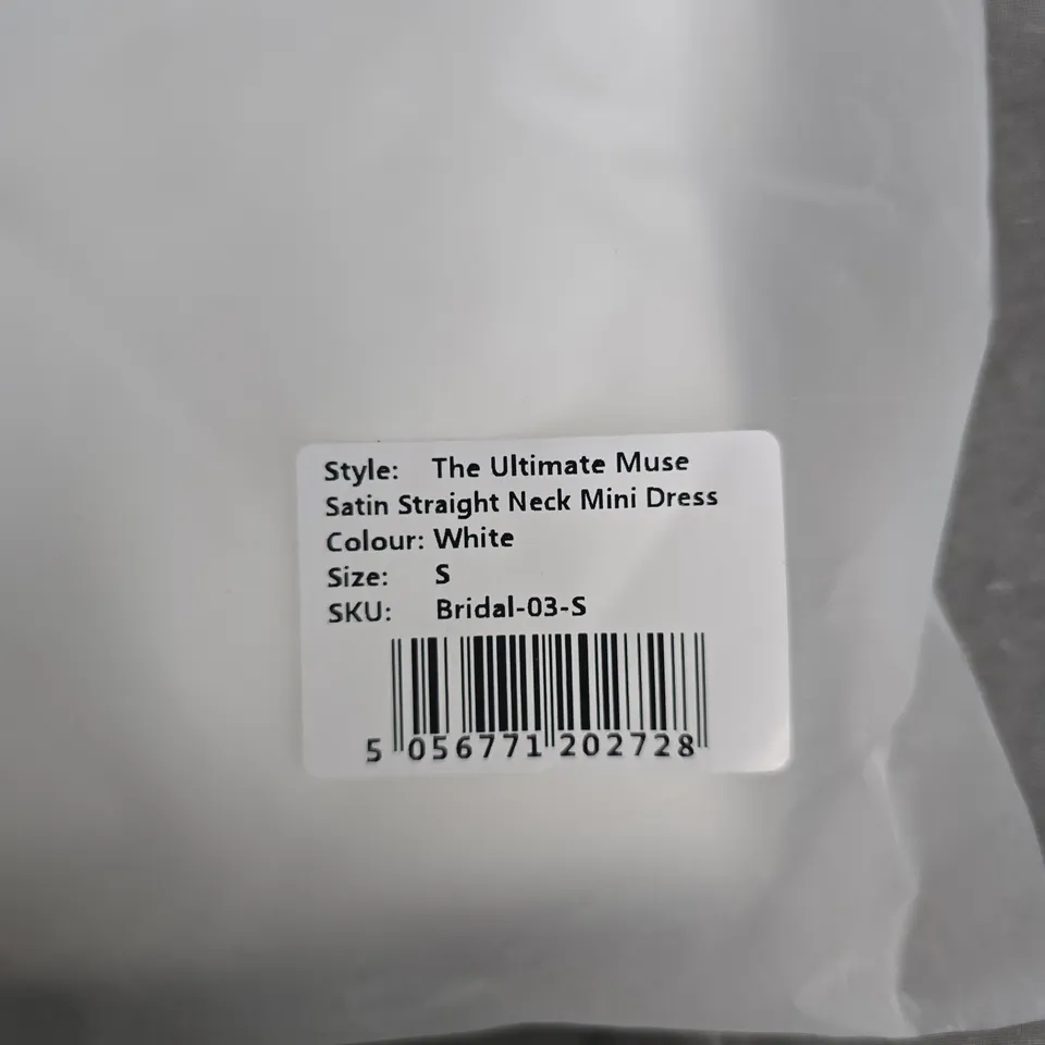 BAGGED ODDMUSE THE ULTIMATE MUSE SATIN STRAIGHT NECK MINI DRESS – WHITE, SIZE S (BRIDAL-03-S)