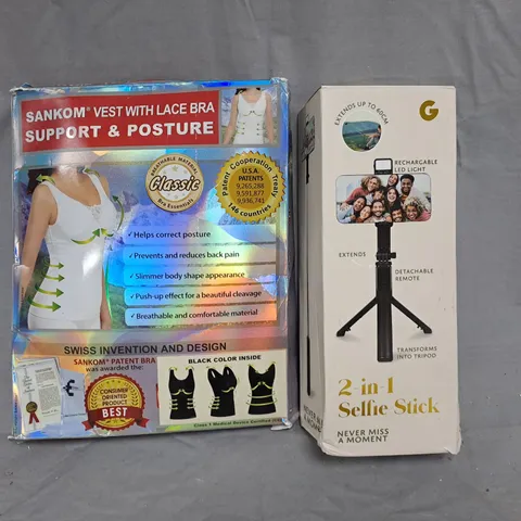 BOX OF APPROXIMATELY 10 ASSORTED HOUSEHOLD ITEMS TO INCLUDE 2-IN-1 SELFIE STICK, SANKOM VEST WITH LACE BRA, ETC - COLLECTION ONLY