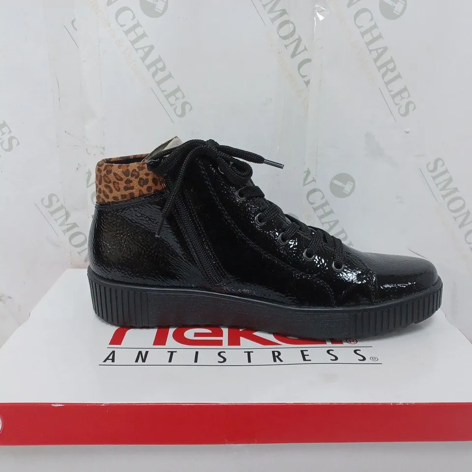 BOXED PAIR OF RIEKER HIGH TOP CUFFED TRAINERS IN BLACK - SIZE 7.5