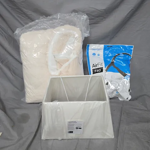 BOX OF APPROXIMATELY 25  ASSORTED HOUSEHOLD ITEMS, INCLUDING THERMAL ONESIE, LAMP SHADE AND AIR FIT FACE MASK