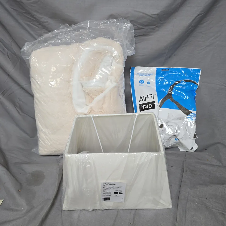 BOX OF APPROXIMATELY 25 ASSORTED HOUSEHOLD ITEMS, INCLUDING THERMAL ONESIE, LAMP SHADE AND AIR FIT FACE MASK