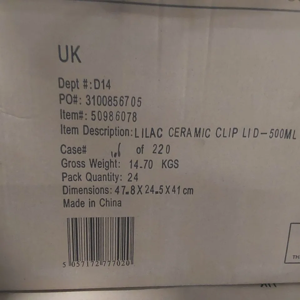 PALLET CONTAINING APPROXIMATELY 650x LILAC CERAMIC CLIP LID 500ML JARS AND OTHER ASSORTED ITEMS