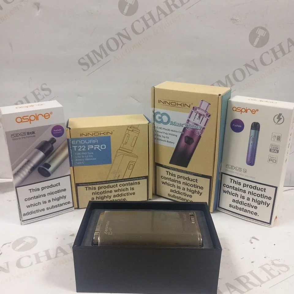 5 ASSORTED VAPING PRODUCTS  TO INCLUDE; ASPIRE FLEXUS Q, INNOKIN GO MAX TUBE AND ASPIRE PEGASUS