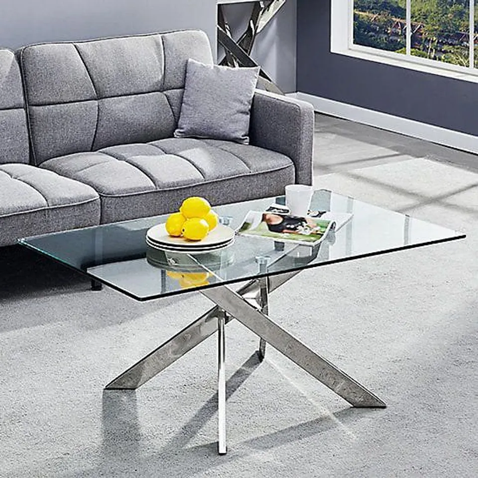 BRAND NEW BOXED DAYTONA CLEAR GLASS RECTANGULAR COFFEE TABLE WITH STAINLESS STEEL LEGS (2 BOXES)