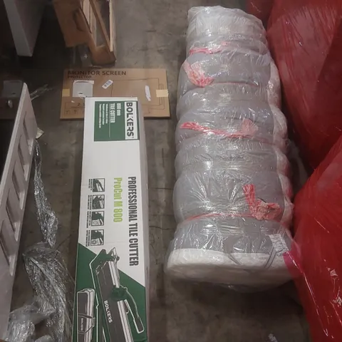 PALLET CONTAINING A VERY LARGE QUANTITY OF ASSORTED ITEMS INCLUDING: PROFESSIONAL TILE CUTTER, MATTRESS, MONITOR SCREEN PROTECTOR ECT