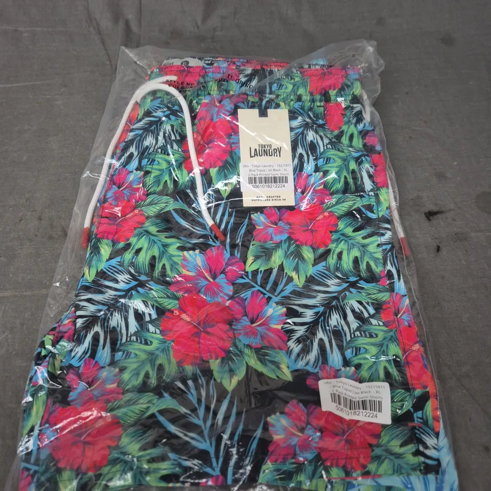 TOKYO LAUNDRY 2-PACK PRINTED SWIM SHORTS – BLUE TOPAZ & JET BLACK, XL