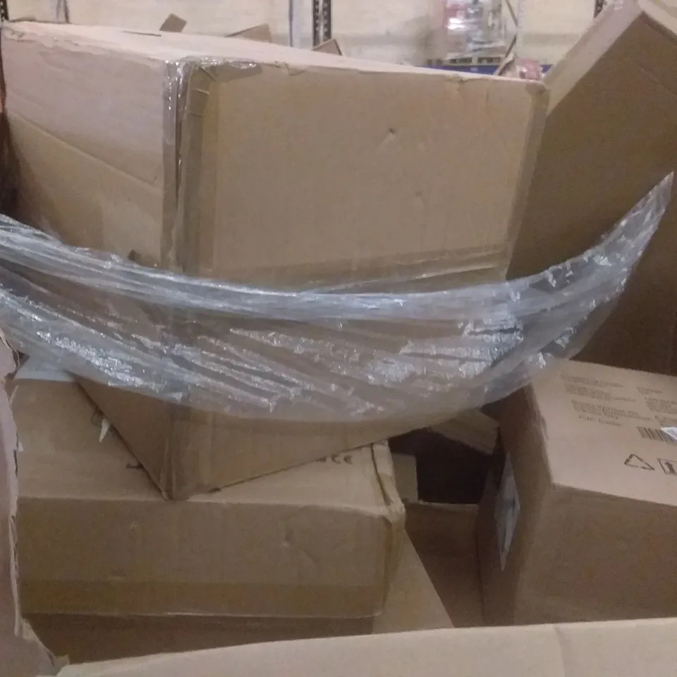 PALLET OF ASSORTED ITEMS INCLUDING COUNTERBALANCE MONITOR ARM, KIDS ARTIST EASEL, SUPER PUSH DOWN BAR, COOKER HOB, PREMIUM HOSE REEL CART WITH WHEELS