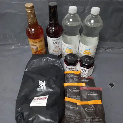APPROXIMATELY 10 ASSORTED FOOD & DRINK ITEMS TO INCLUDE - SQUARE MILE RED BRICK COFFEE BEANS - RELISH RASPBERRY & VANILLA JAM - SKINNY SYRUPS CREME BRULEE BARISTA SYRUP - ETC - COLLECTION ONLY
