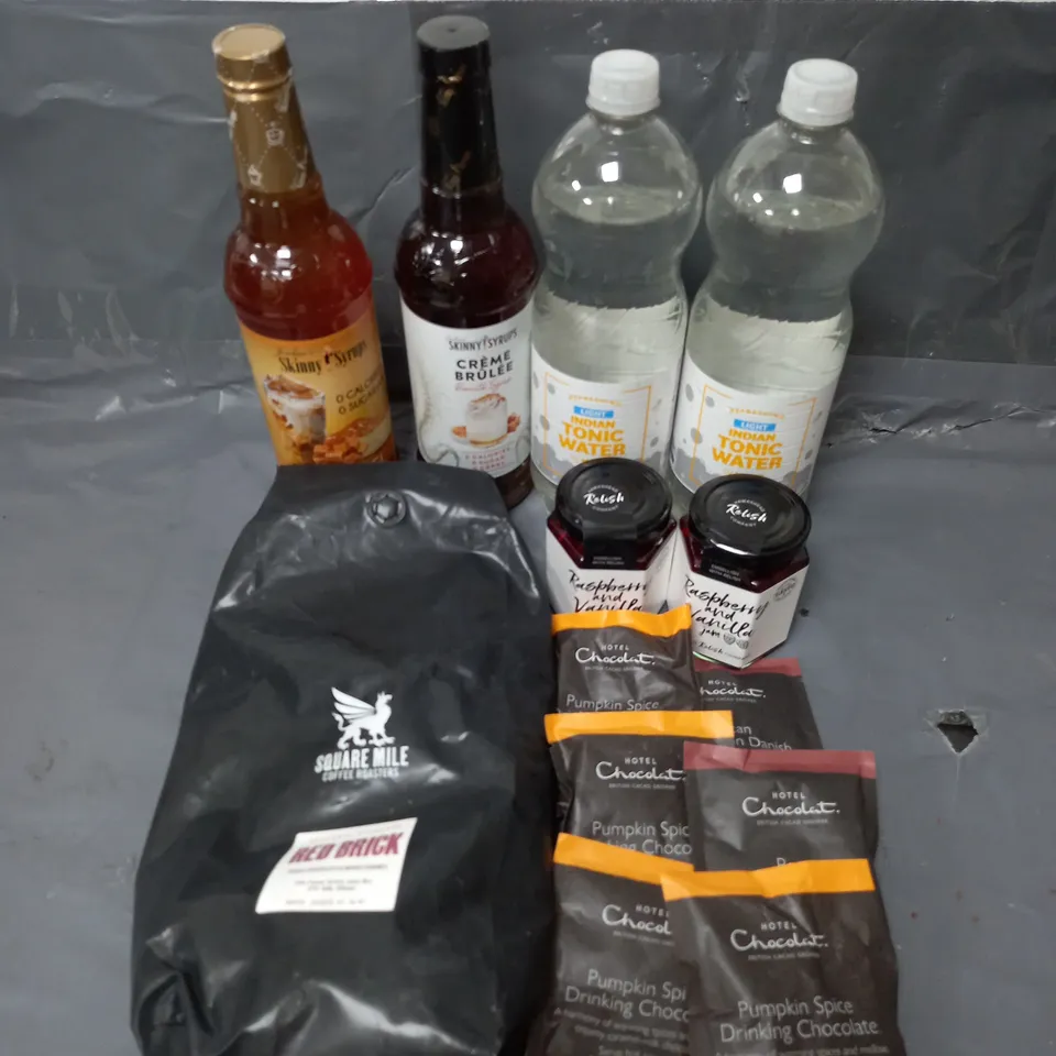 APPROXIMATELY 10 ASSORTED FOOD & DRINK ITEMS TO INCLUDE - SQUARE MILE RED BRICK COFFEE BEANS - RELISH RASPBERRY & VANILLA JAM - SKINNY SYRUPS CREME BRULEE BARISTA SYRUP - ETC - COLLECTION ONLY