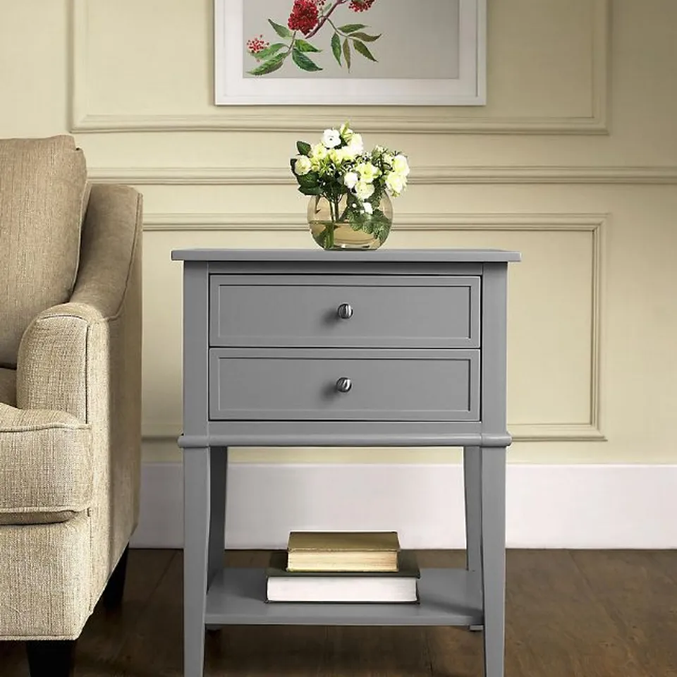 BOXED DOREL HOME FRANKLIN ACCENT TABLE WITH 2 DRAWERS - GREY (1 BOX)