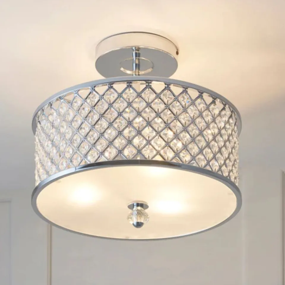 BOXED JENSON CHROME WITH CLEAR K5 CRYSTAL GLASS DROPS DECORATIVE 3 LIGHT SEMI FLUSH CEILING LIGHT