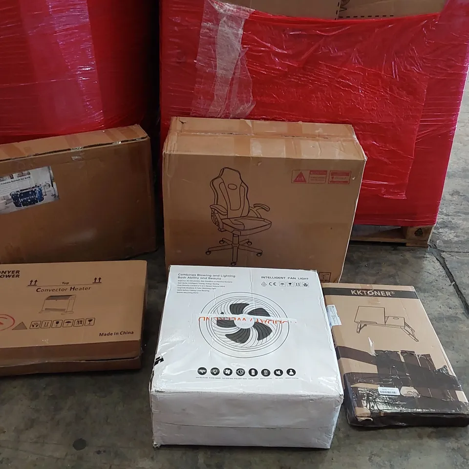PALLET OF ASSORTED HOMEWARE AND CONSUMER PRODUCTS TO INCLUDE; GAMING CHAIR, INTELLIGENT FAN LIGHT, CONVECTOR HEATER, PORTABLE BATHTUB, LAPTOP DESK ECT.