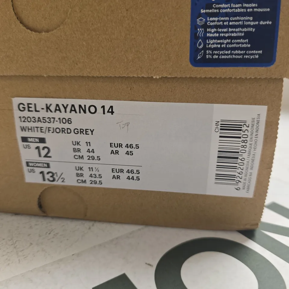 BOXED PAIR OF ASICS GEL-KAYANO 14 RUNNING SHOES – UK 11 (US 12)