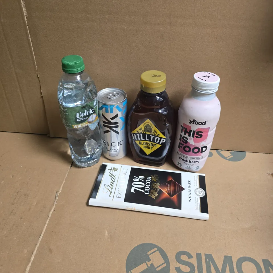 APPROXIMATELY 12 ASSORTED FOOD & DRINK ITEMS TO INCLUDE VOLVIC WATER, LINDT INTENSE DARK, YFOOD DRINK, ETC - COLLECTION ONLY