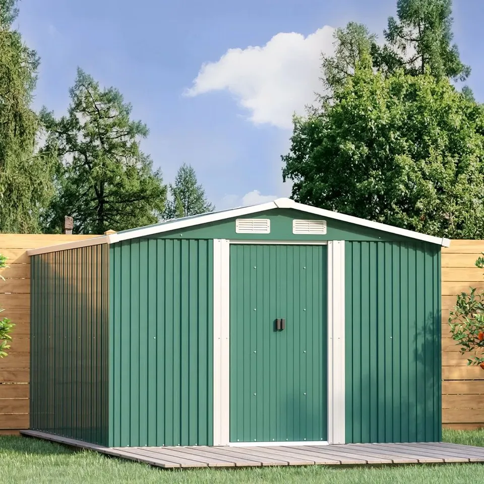 BOXED 10 FT. W X 12 FT. D METAL APEX GARDEN SHED OUTDOOR STORAGE HOUSE - GREEN (4 BOXES)