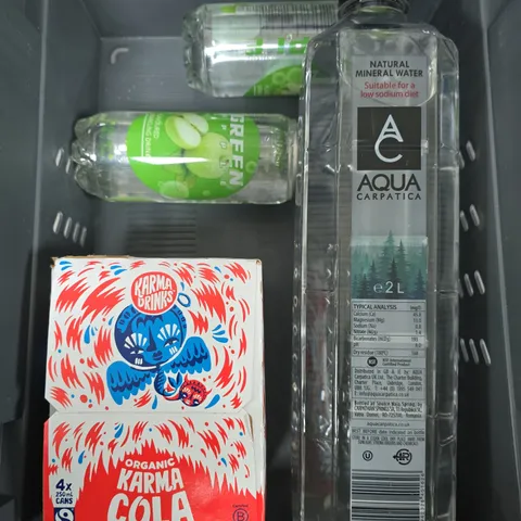 APPROXIMATELY 4 ASSORTED DRINK PRODUCTS TO INCLUDE AQUA CARPATICA, KARMA COLA, APPLE FLAVOURED DRINK ETC 