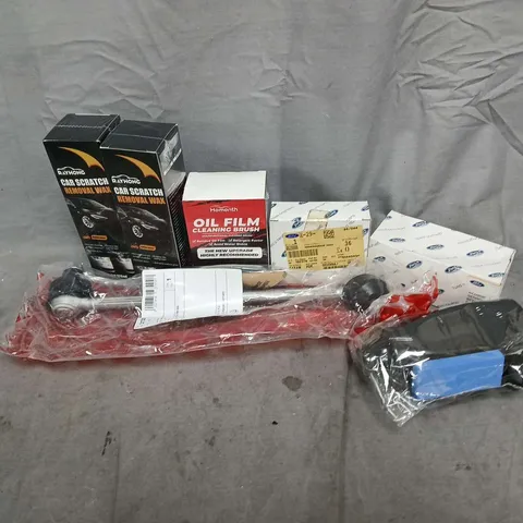 APPROXIMATELY 15 ASSORTED VEHICLE PARTS & ACCESORIES TO INCLUDE OIL FILM CLEANING BRUSH, FORD SENSOR ASSY, CAR CRATCH REMOVAL WAX, ETC