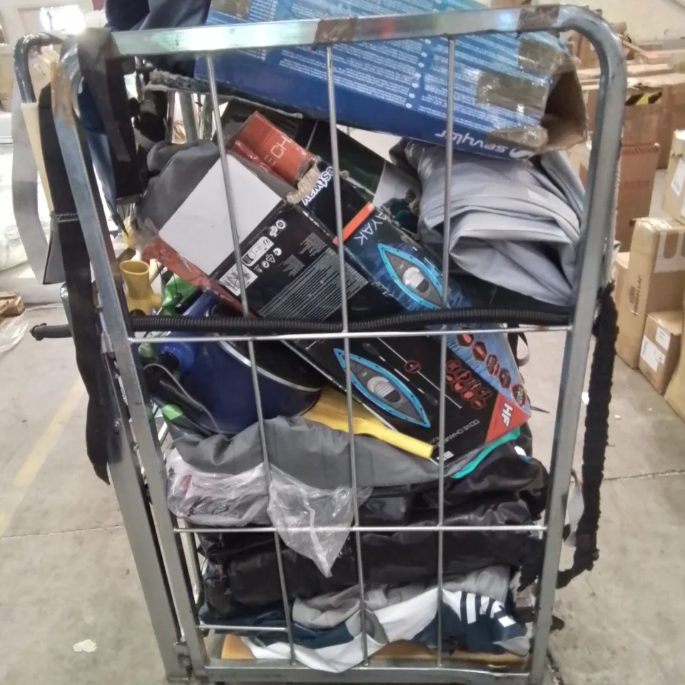 CAGE OF UNTESTED ASSORTED INFLATABLE KAYAKS AND ACCESSORIES 