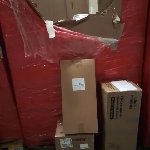 PALLET OF ASSORTED HOUSEHOLD GOODS AND PRODUCTS TO INCLUDE;AID COOLER,DUMBBELL BENCH,PICTURE FRAME