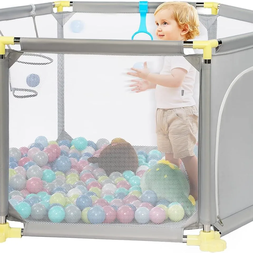 BOXED HELLO-5IVE BABY PLAYPEN WITH PULL RING AND 10 BALLS - GREY (1 BOX)