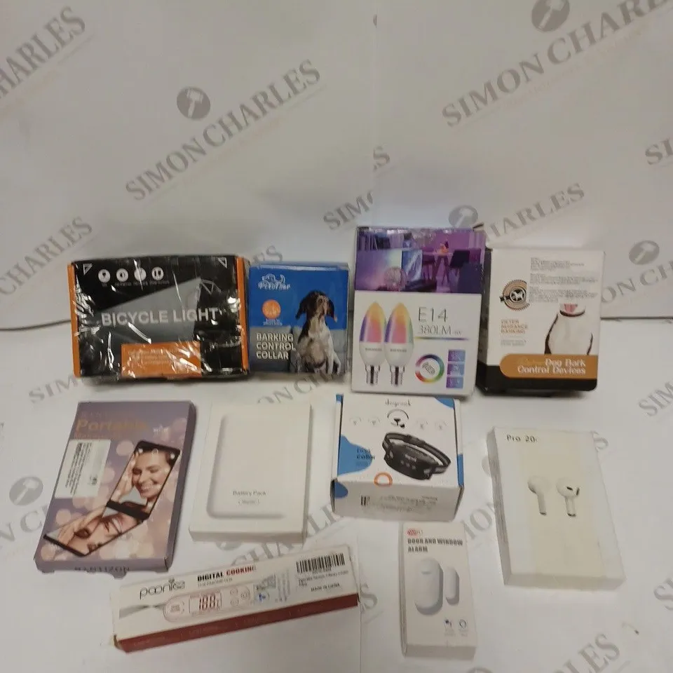 BOX OF APPROXIMATELY 10 ASSORTED HOUSEHOLD & ELECTRICAL PRODUCTS TO INCLUDE BICYCLE LED LIGHTS, DIGITAL COOKING THERMOMETER, DOOR/WINDOW ALARM ETC 