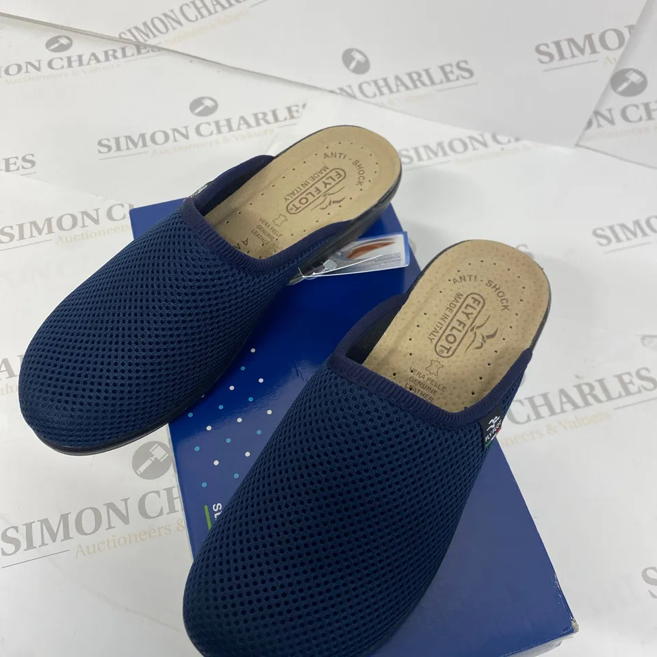 BOXED PAIR OF FLY FLOT NAVY SLIP ONS SIZE 3