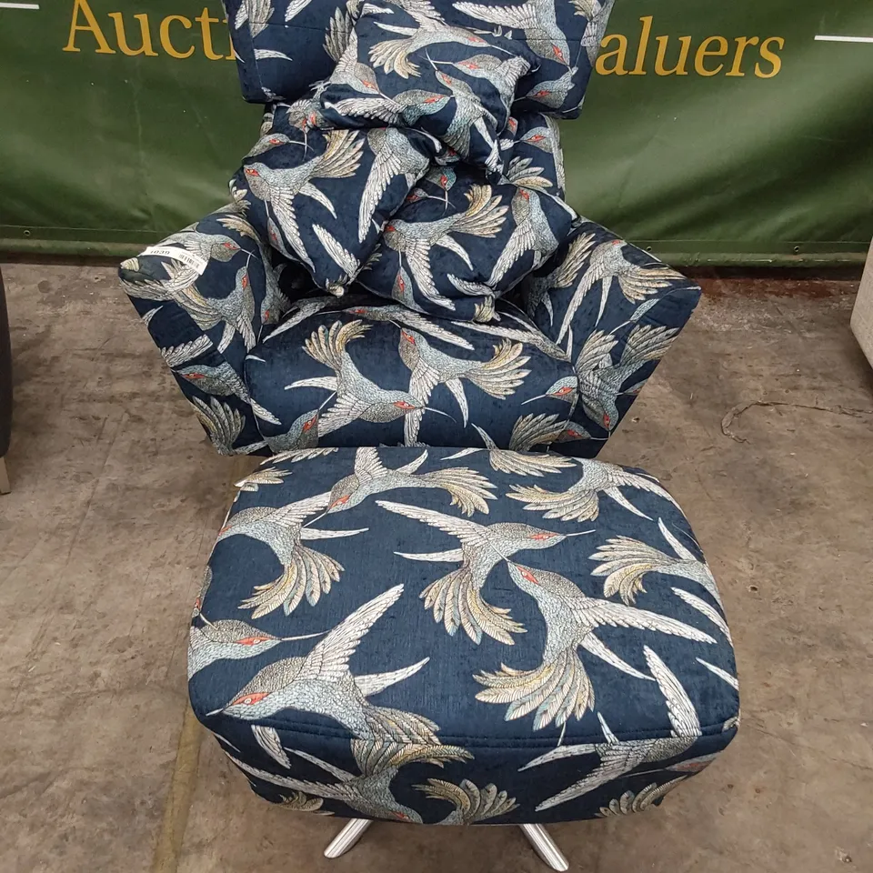QUALITY BRITISH DESIGNER G PLAN JACOB SWIVEL CHAIR & FOOTSTOOL NAVY PARADISE BIRD FABRIC