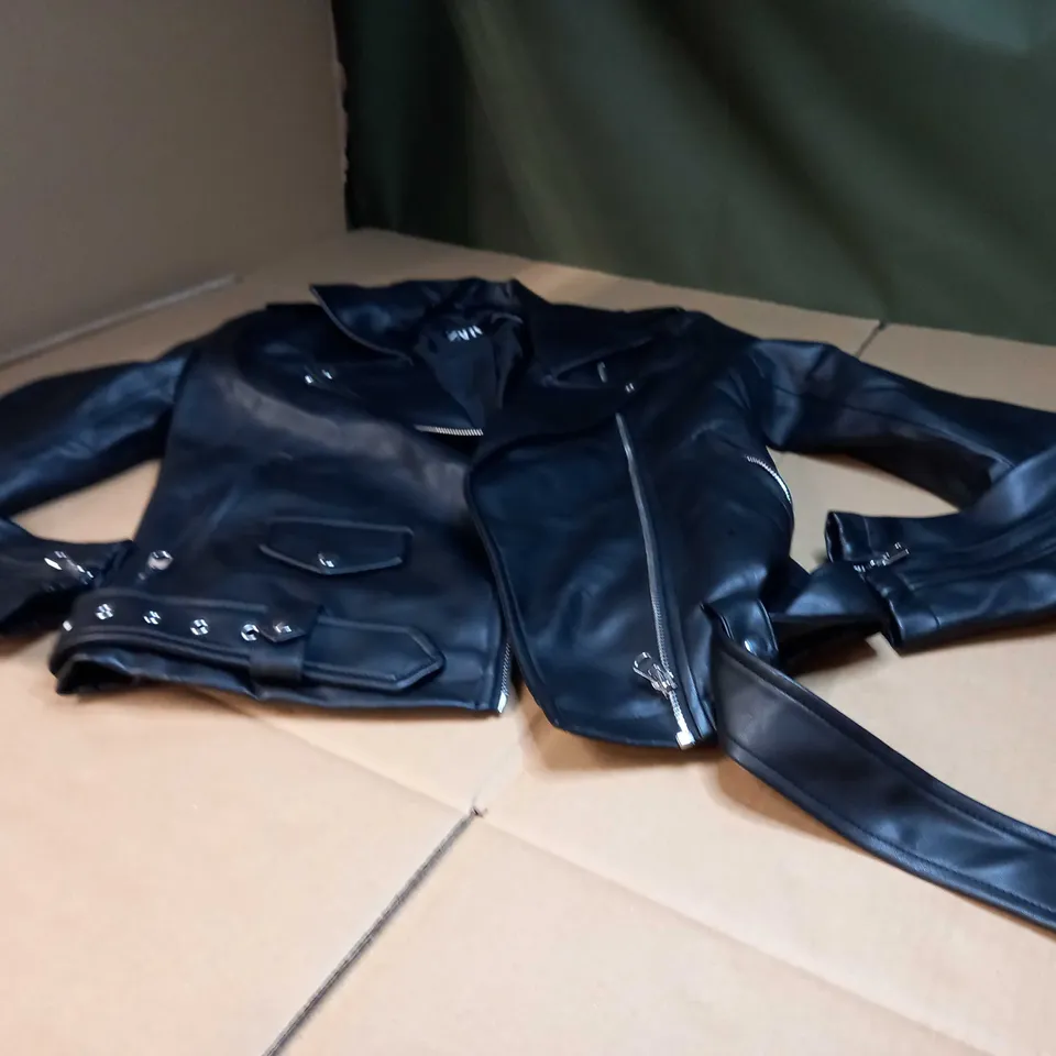 ZARA BLACK FAUX LEATHER BELTED BIKER JACKET - XS