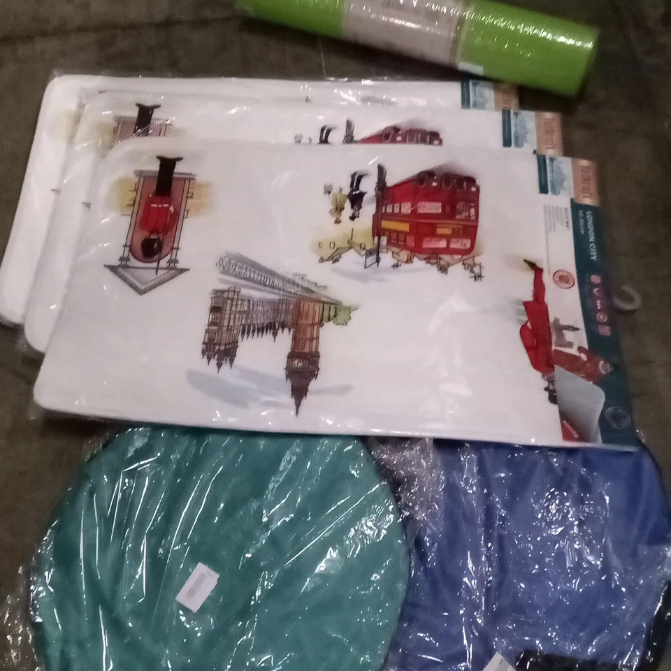 PALLET OF ASSORTED ITEMS INCLUDING YOGA MATS , HOUSE RUGS , POP UP STORAGE BAGS , ETC 