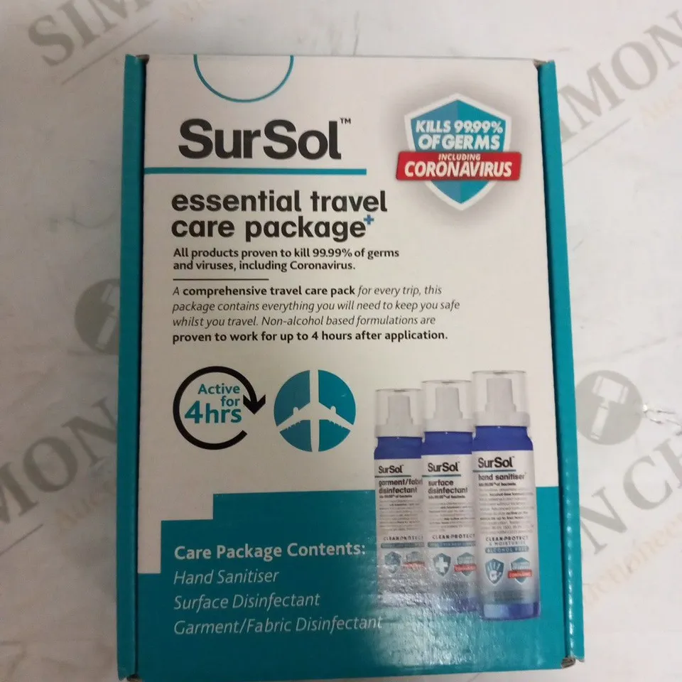5 BRAND NEW BOXED SUR SOL ESSENTIAL TRAVEL CARE PACKAGES INCLUDING HAND SANITISER, SURFACE DISINFECTANT AND GARMENT/FABRIC DISINFECTANT